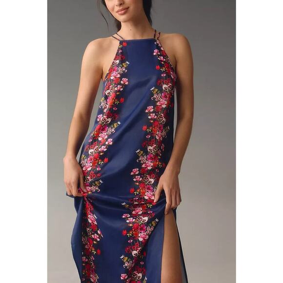NWD Anthropologie Double-Strap Halter Column Floral Midi Dress Sz XS Navy GC211 - Picture 4 of 12